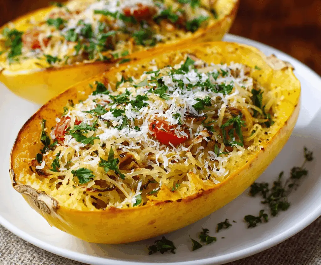 Healthy spaghetti squash dish with colorful vegetables and flavorful sauce, perfect for a nutritious dinner.
