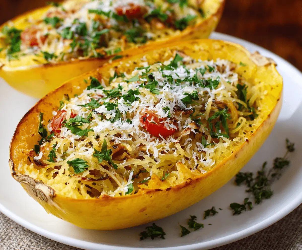 Healthy spaghetti squash dish with colorful vegetables and flavorful sauce, perfect for a nutritious dinner.