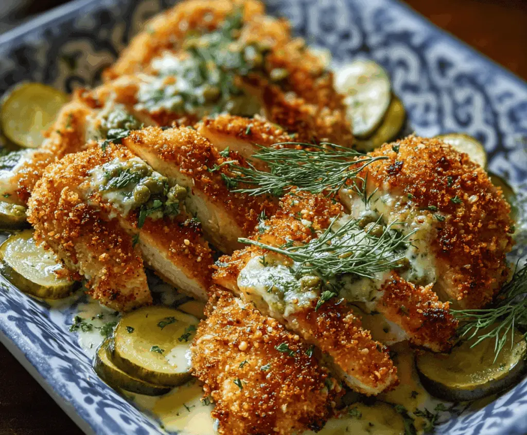 Creamy Parmesan Chicken topped with tangy dill pickle slices, served with fresh herbs and a side of vegetables.