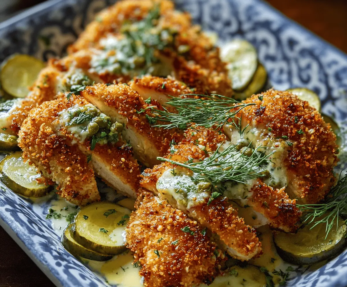 Creamy Parmesan Chicken topped with tangy dill pickle slices, served with fresh herbs and a side of vegetables.