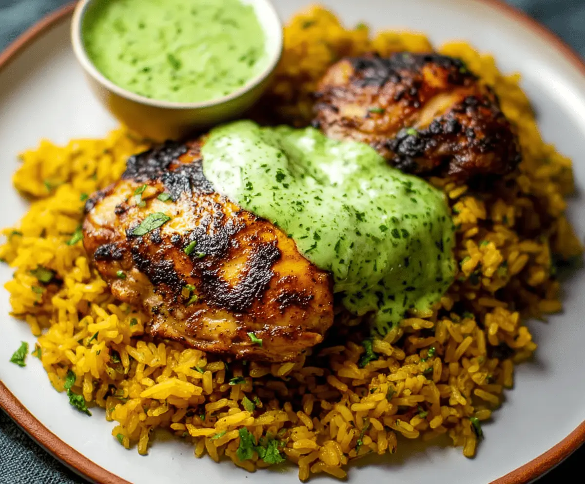 Delicious Peruvian chicken and rice dish topped with vibrant green sauce, perfect for a flavorful and easy meal.