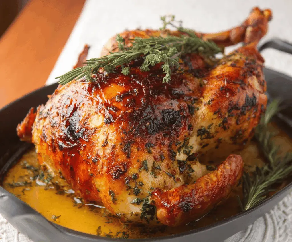 Juicy garlic herb butter roast turkey garnished with fresh herbs and golden crispy skin, perfect for a festive holiday feast.