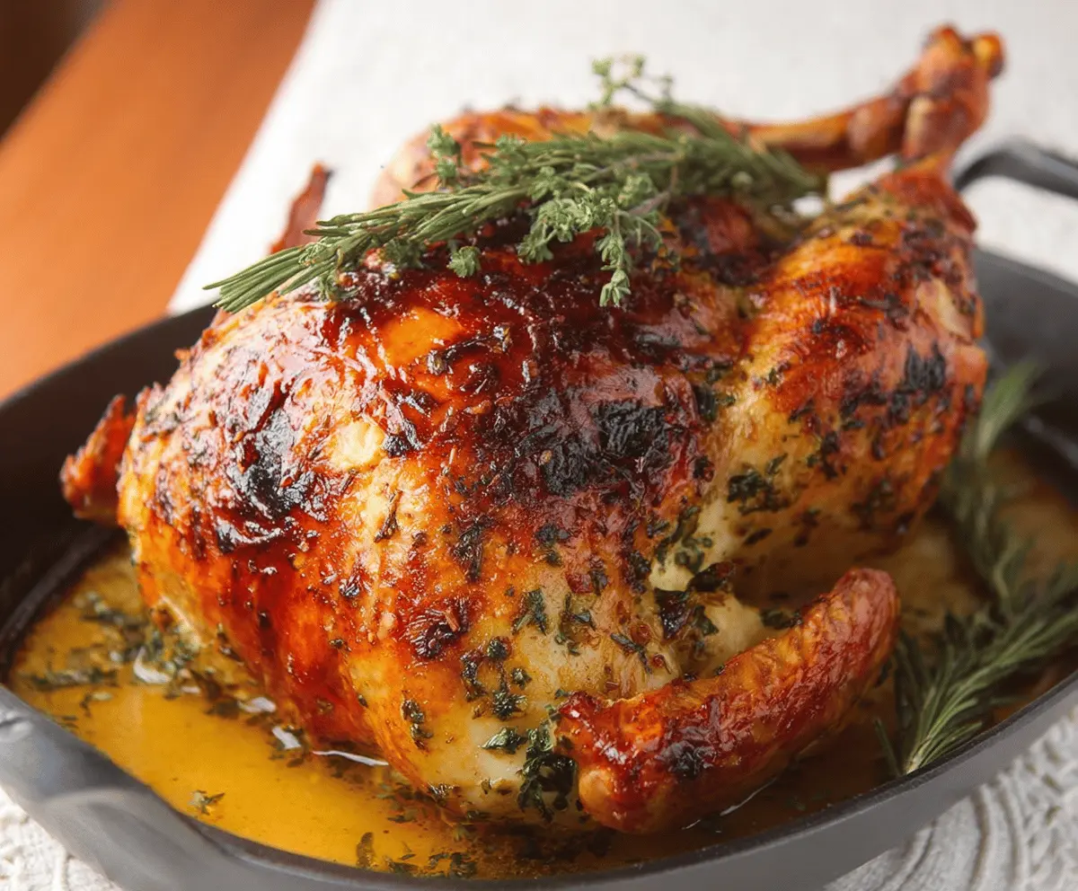 Juicy garlic herb butter roast turkey garnished with fresh herbs and golden crispy skin, perfect for a festive holiday feast.
