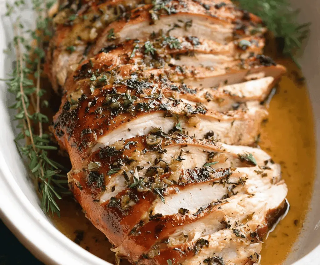Juicy garlic herb slow cooker turkey breast with fresh herbs and sliced garlic on a plate