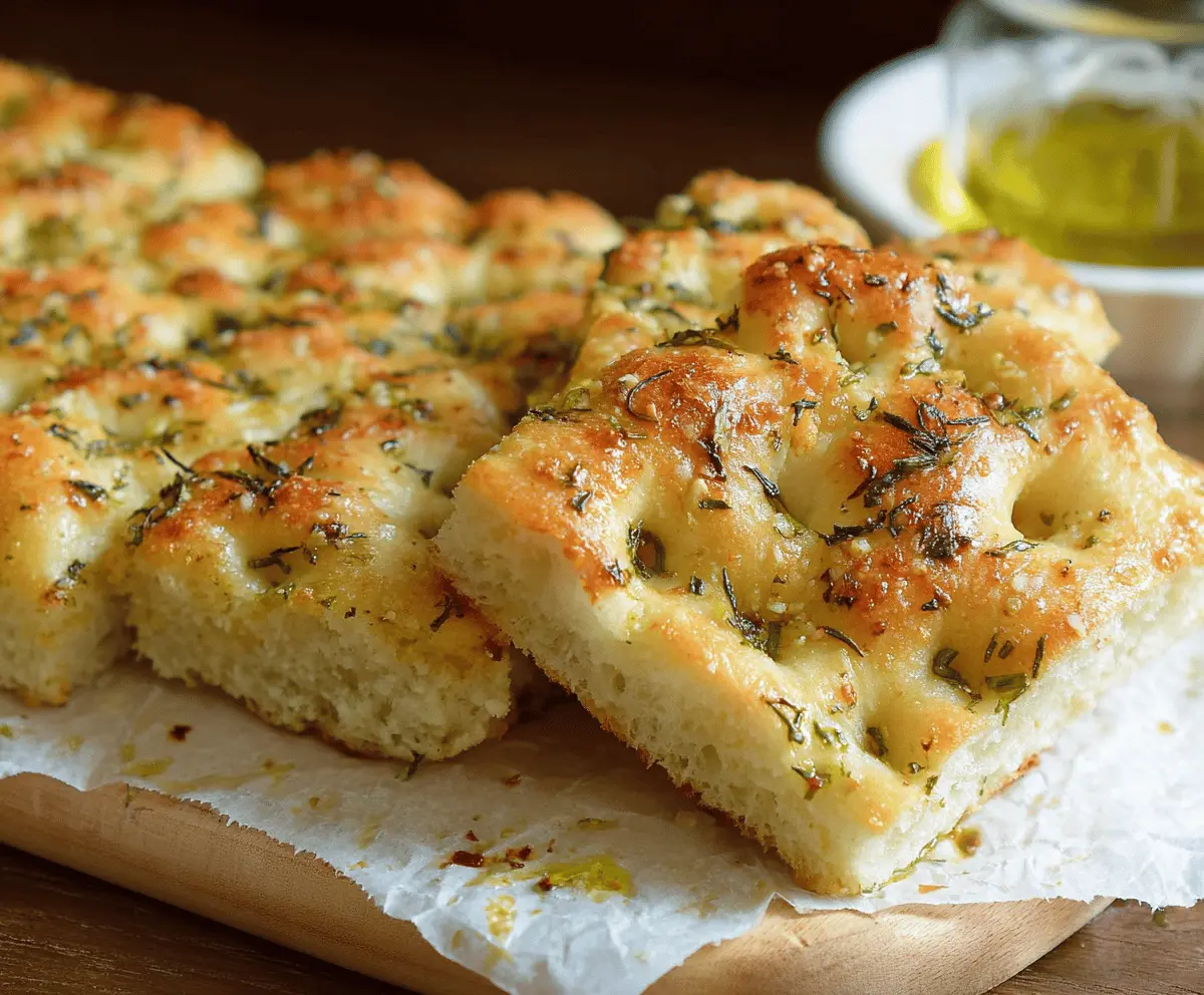 Golden garlic parmesan focaccia bread topped with herbs and cheese, perfect for appetizers or as a side dish