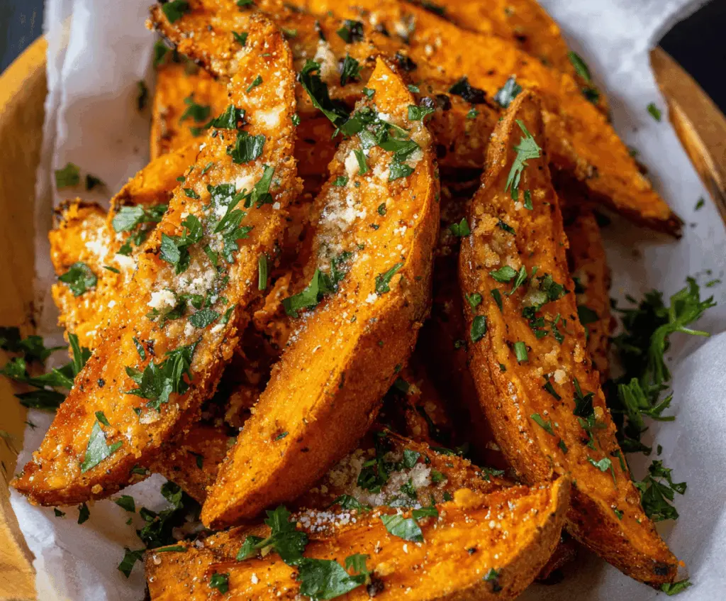 Garlic Parmesan Sweet Potato Wedges on a plate, crispy and golden, garnished with fresh herbs, perfect for a healthy snack or side dish