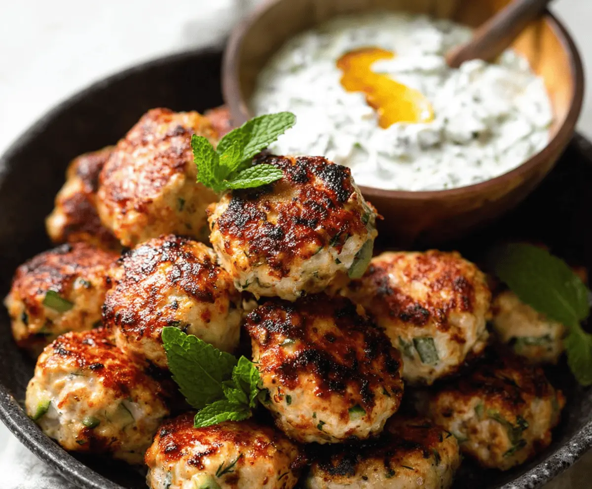 Delicious Greek turkey meatballs served with creamy tzatziki sauce on a plate, garnished with fresh herbs, perfect for a Mediterranean-inspired meal
