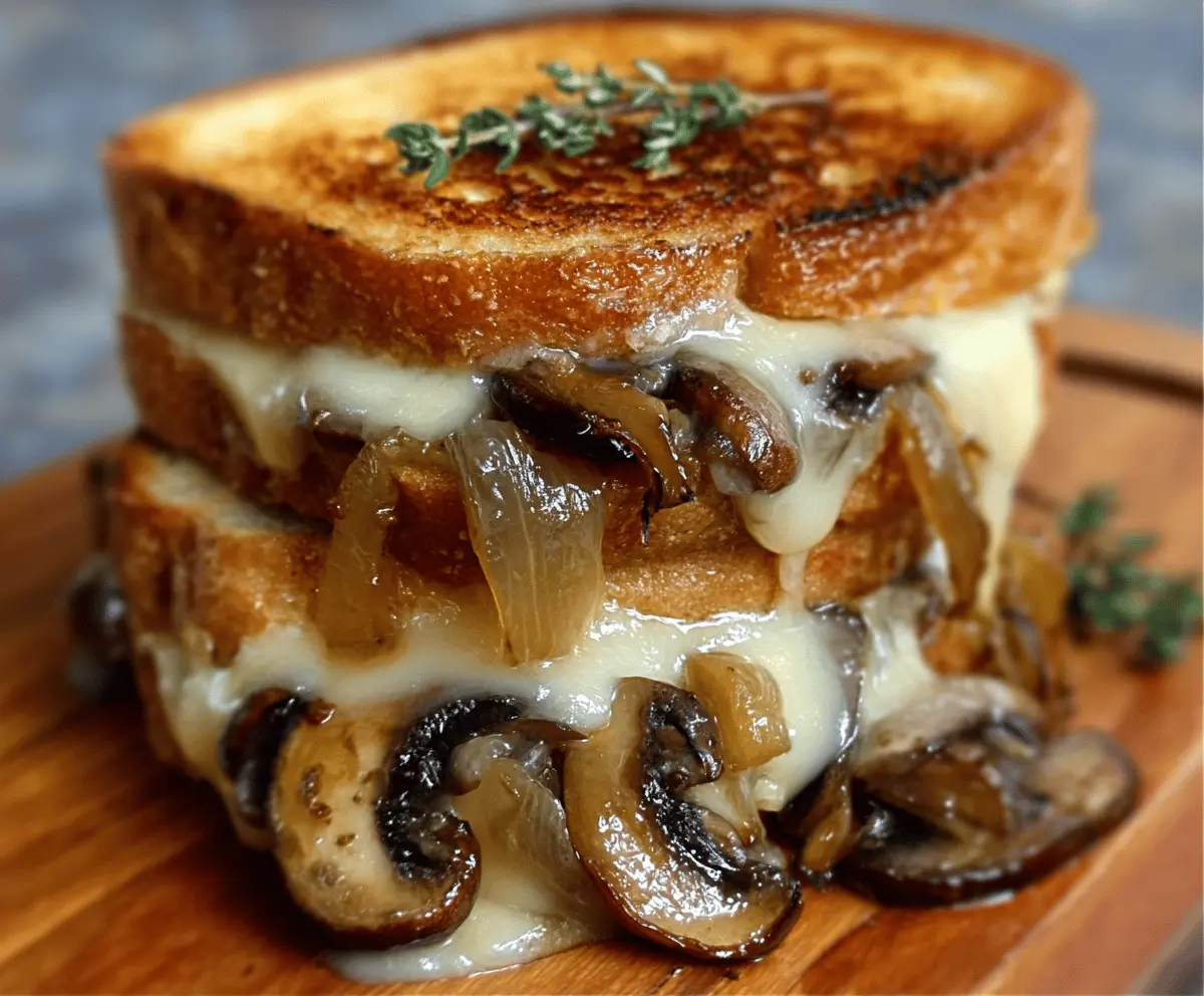 Delicious grilled cheese sandwich with melted Gouda cheese, roasted mushrooms, and caramelized onions on toasted bread