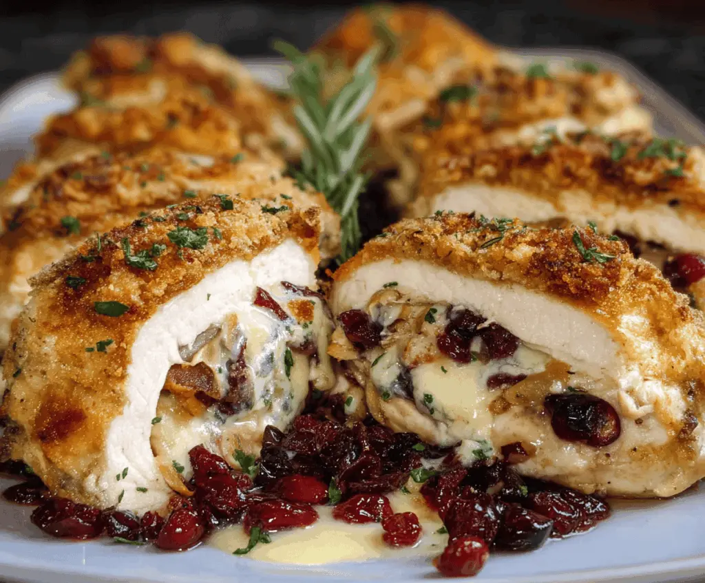 Juicy baked chicken breast stuffed with creamy brie cheese and fresh cranberries, garnished with herbs, served on a plate for a festive meal