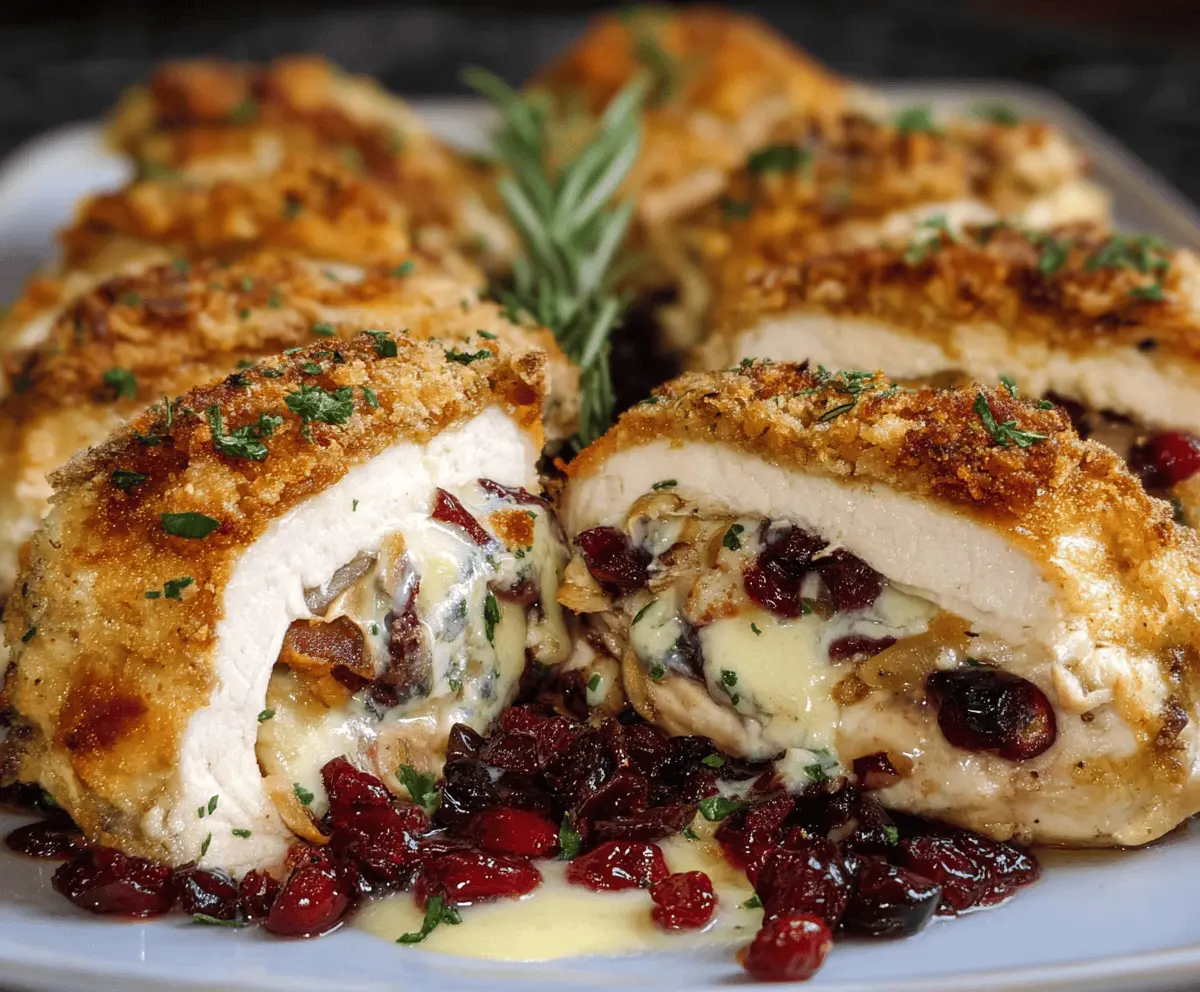 Juicy baked chicken breast stuffed with creamy brie cheese and fresh cranberries, garnished with herbs, served on a plate for a festive meal