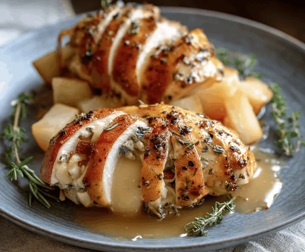 Juicy chicken breast stuffed with melted Brie cheese and crisp apple slices, glazed with sweet maple syrup, served on a plate for a flavorful Maple Glazed Apple and Brie Stuffed Chicken recipe.