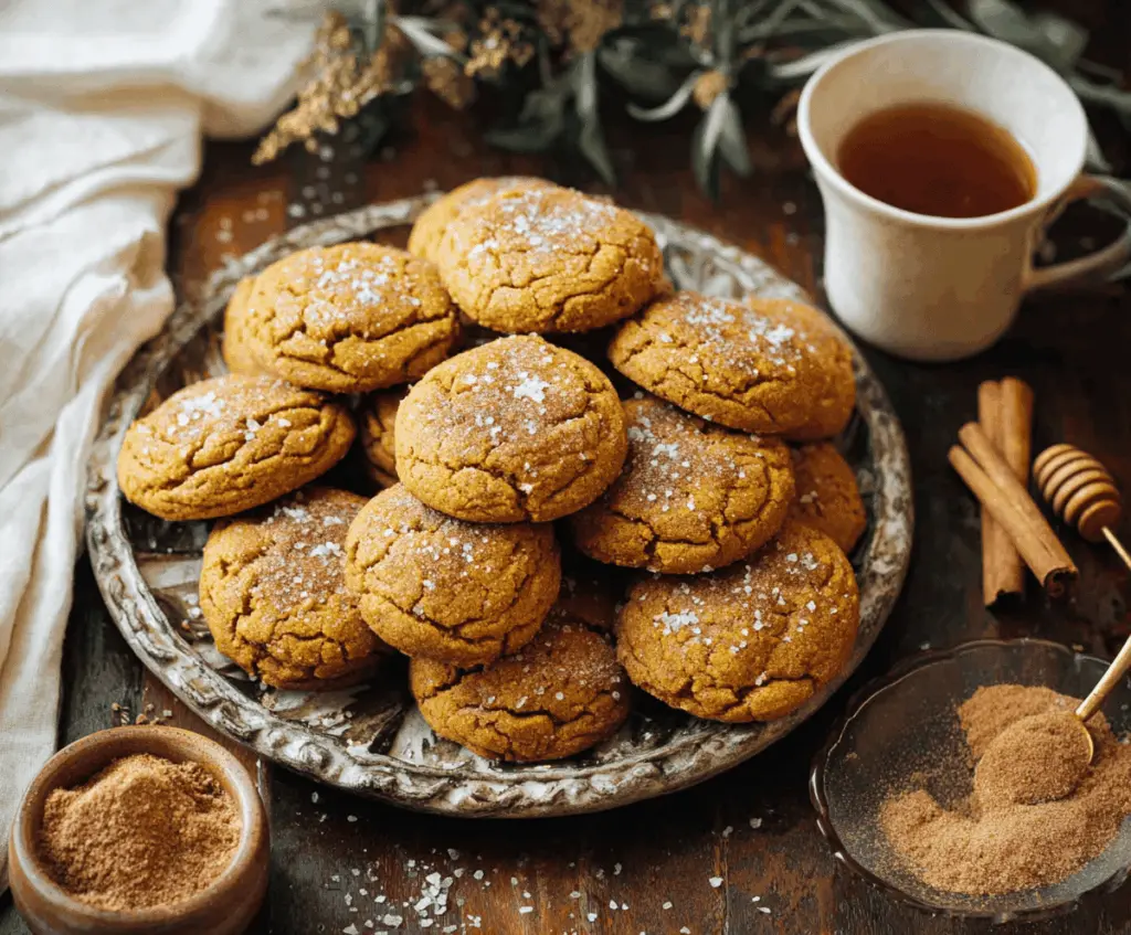 Delicious homemade Maple Pumpkin Cookies topped with caramelized pecans and a drizzle of maple glaze on a rustic wooden surface.