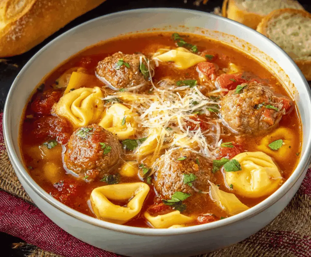 Delicious meatball soup with cheese tortellini, fresh herbs, and vegetables in a bowl, perfect for a comforting meal