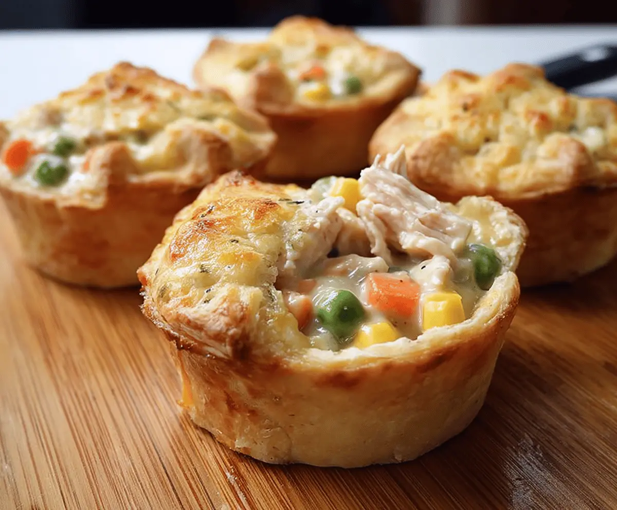 Delicious mini chicken pot pies with golden crust and creamy filling served in individual ramekins.
