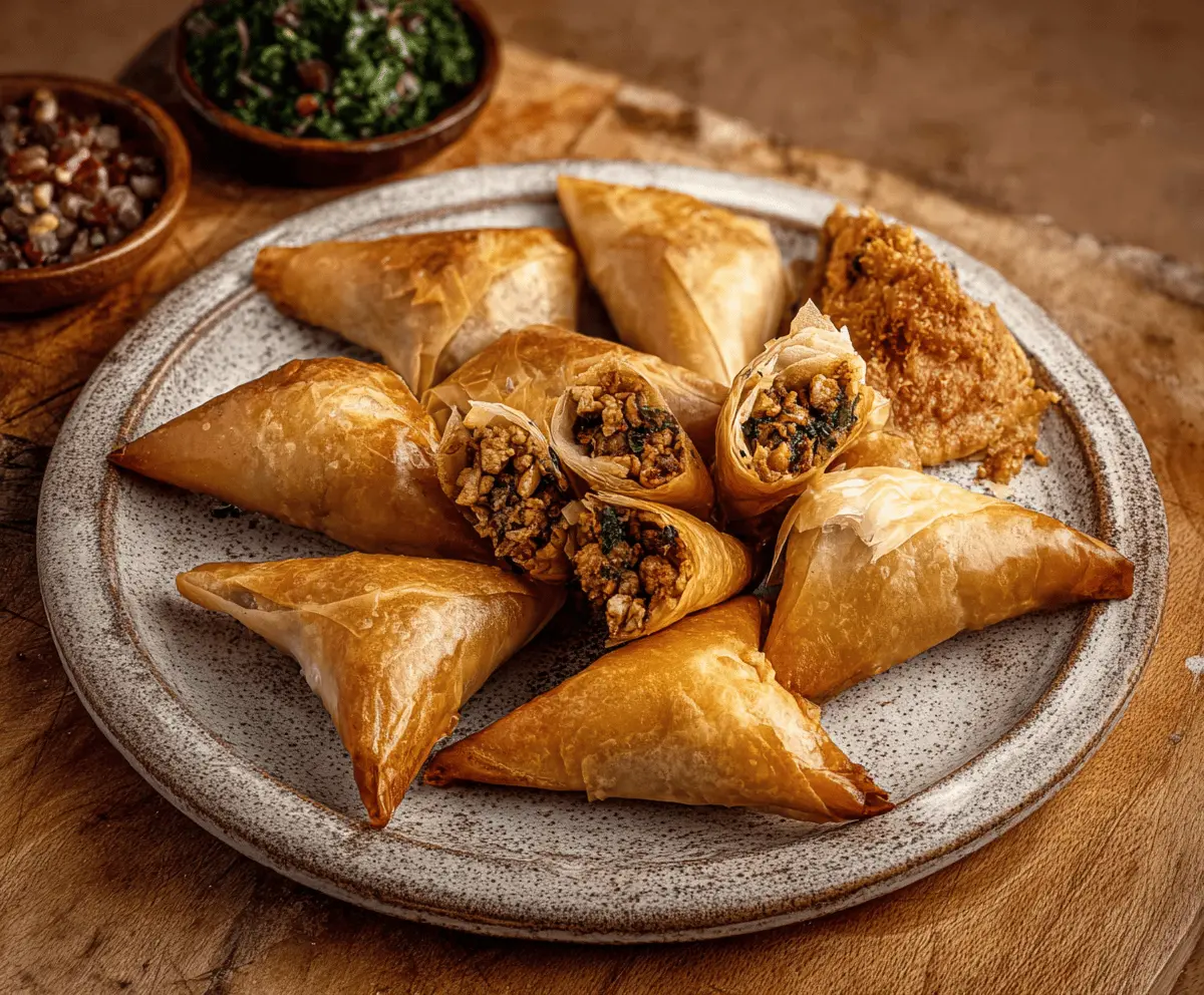 Golden Moroccan Spiced Chicken Briouats with crispy golden pastry and aromatic spices, perfect for appetizer or snack.