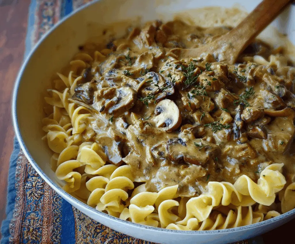 Creamy mushroom and seitan stroganoff served over noodles, garnished with fresh herbs, in a rustic bowl.
