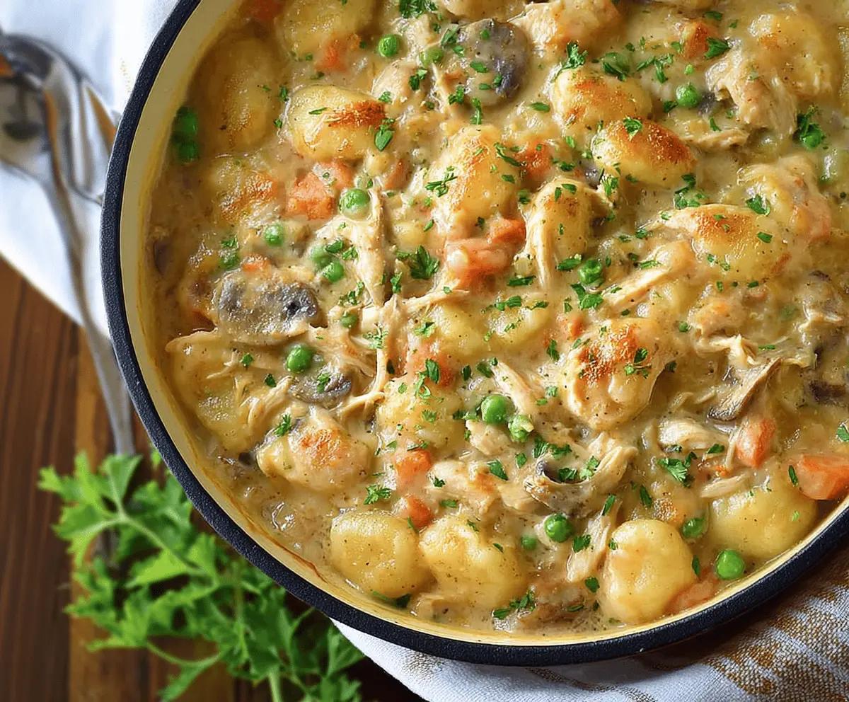 Delicious one-pot gnocchi chicken pot pie served in a rustic bowl with golden crust and fresh herbs