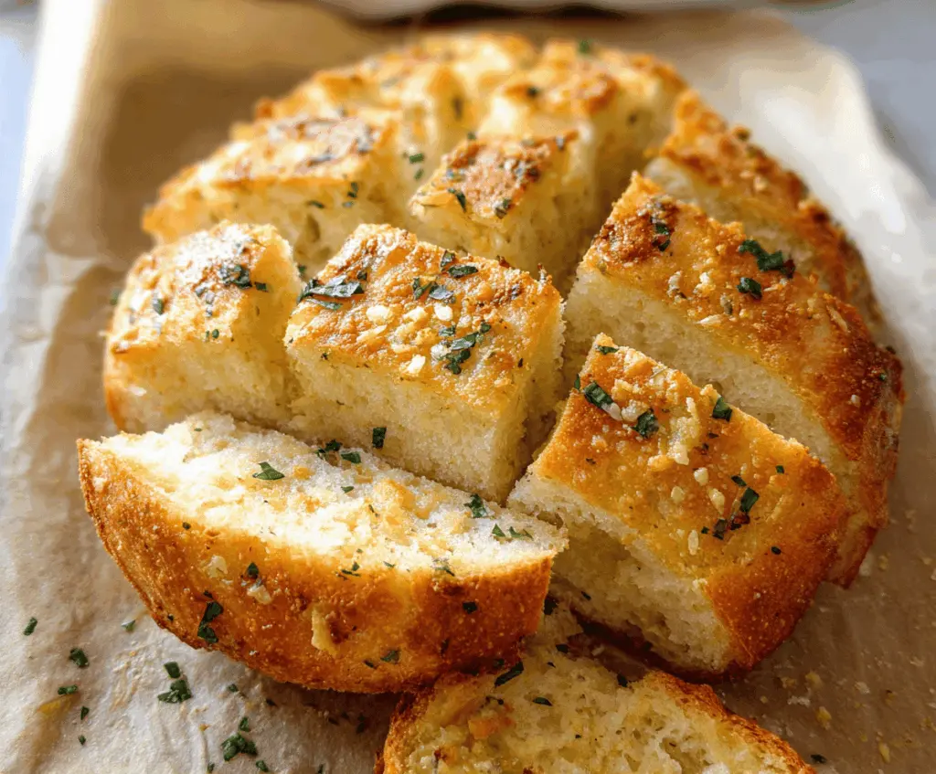 Golden crust Parmesan garlic artisan bread fresh from the oven, sliced to reveal a soft, flavorful interior with melted cheese and aromatic garlic