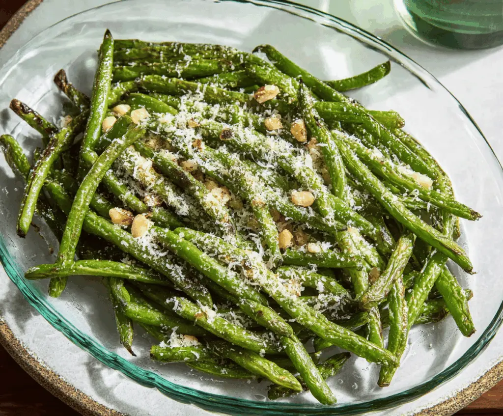 Delicious roasted green beans topped with grated Parmesan cheese, perfect as a healthy side dish
