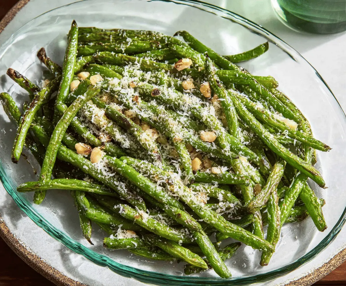 Delicious roasted green beans topped with grated Parmesan cheese, perfect as a healthy side dish