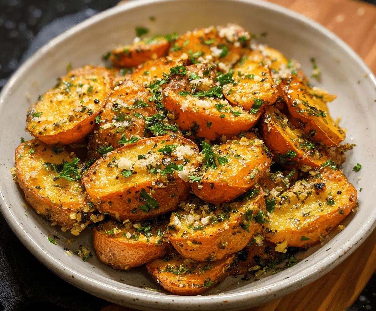 Easy Roasted Sweet Potatoes with Garlic & Parmesan