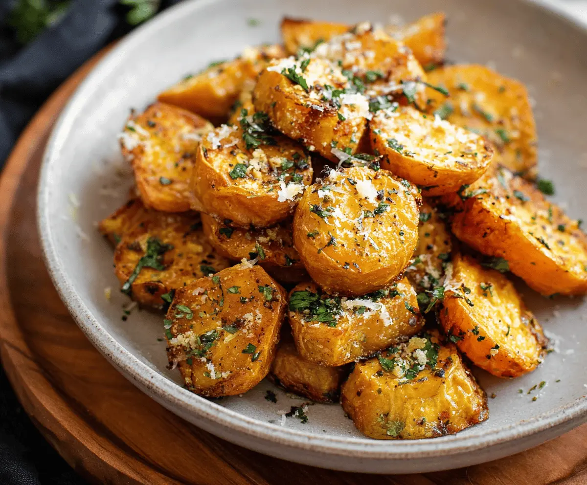 Easy Roasted Sweet Potatoes with Garlic & Parmesan