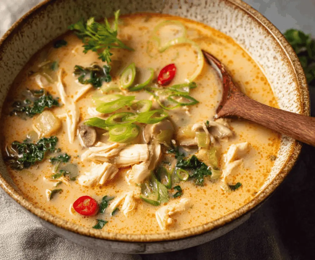A bowl of steaming Thai chicken soup with fresh herbs, vegetables, and sliced chicken, showcasing vibrant colors and aromatic ingredients for a flavorful, comforting meal.