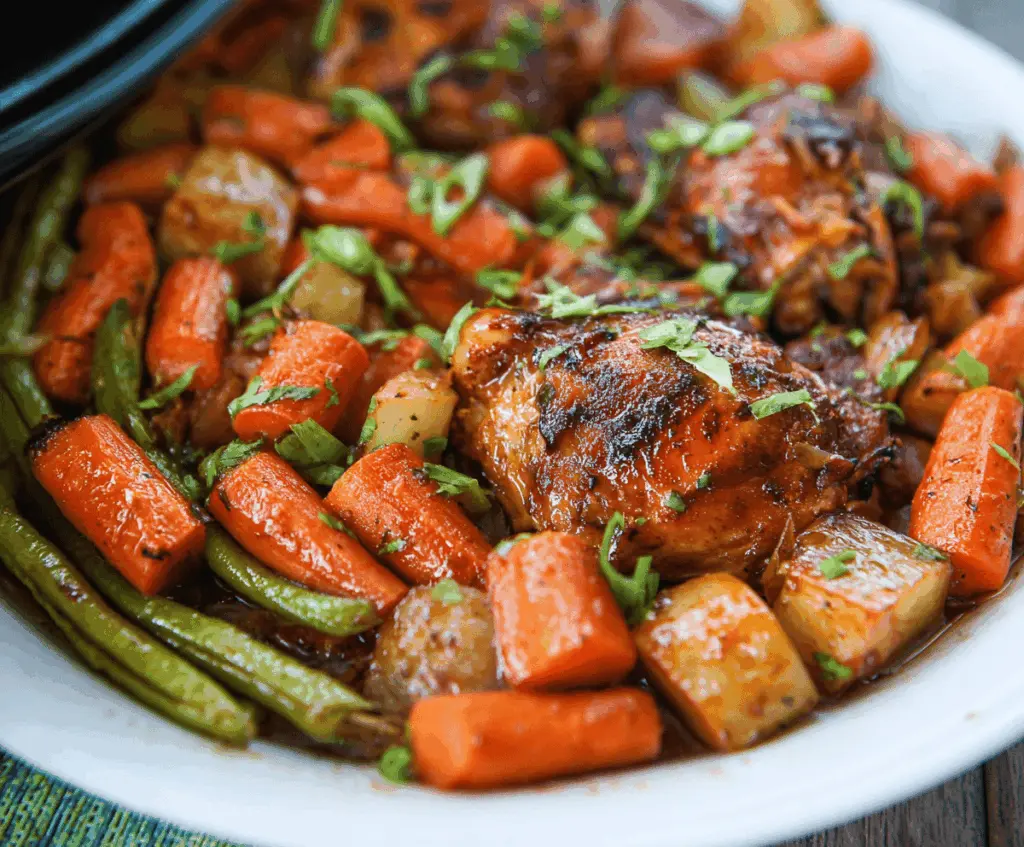 Delicious slow cooker honey garlic chicken with colorful vegetables on a plate, perfect for a healthy dinner recipe