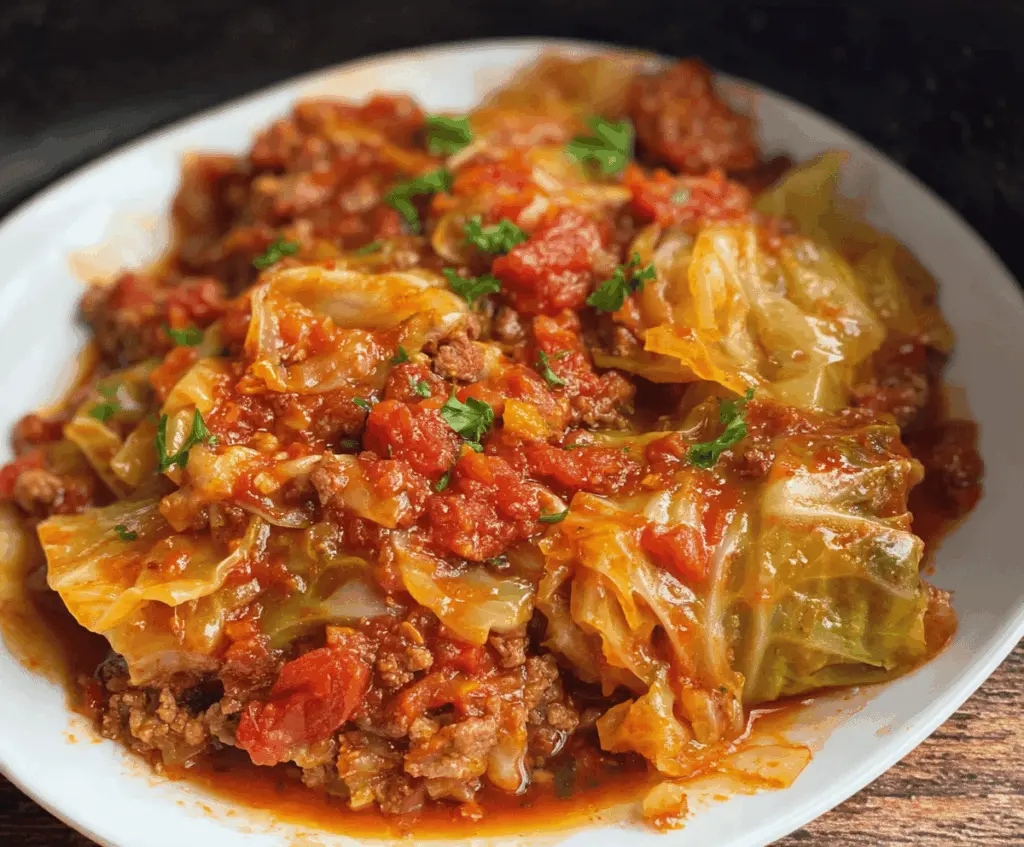 Delicious slow cooker unstuffed cabbage rolls served in a bowl with fresh herbs, perfect for a hearty and easy meal