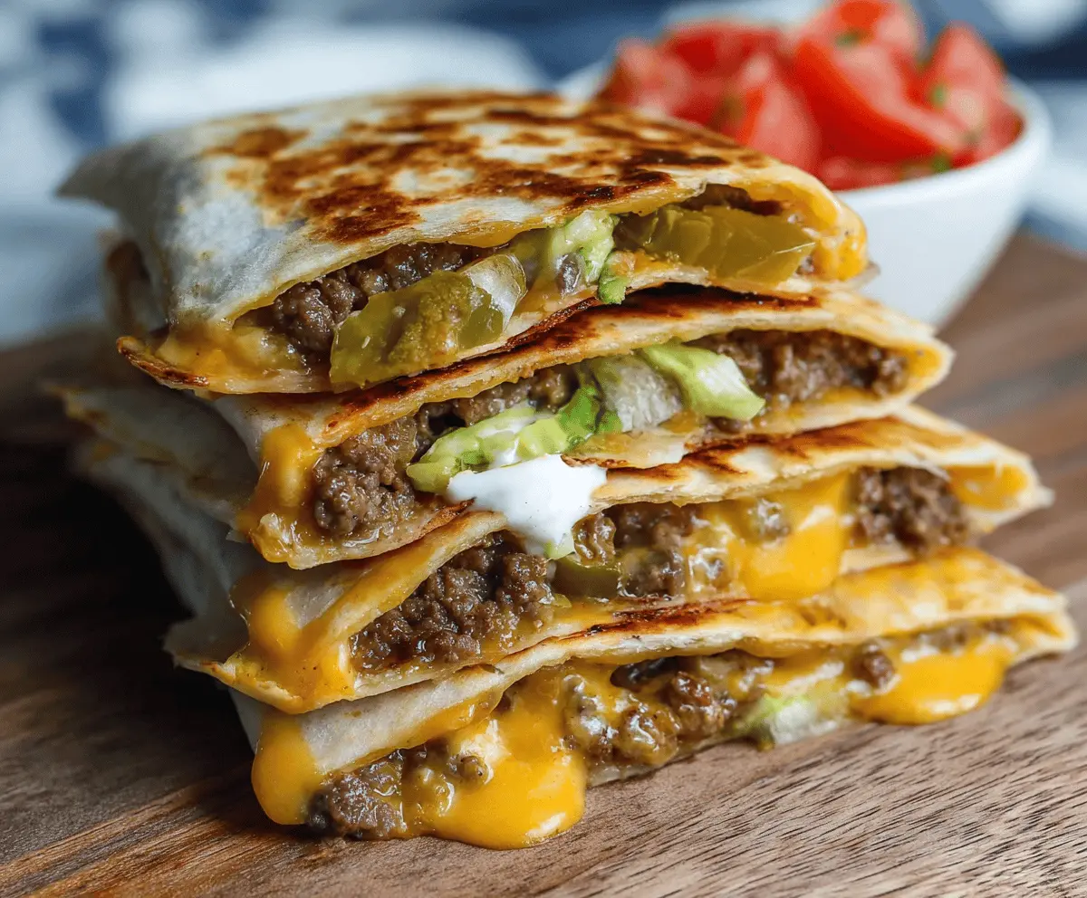 Delicious Smashburger Quesadillas filled with melted cheese and crispy edges served on a white plate