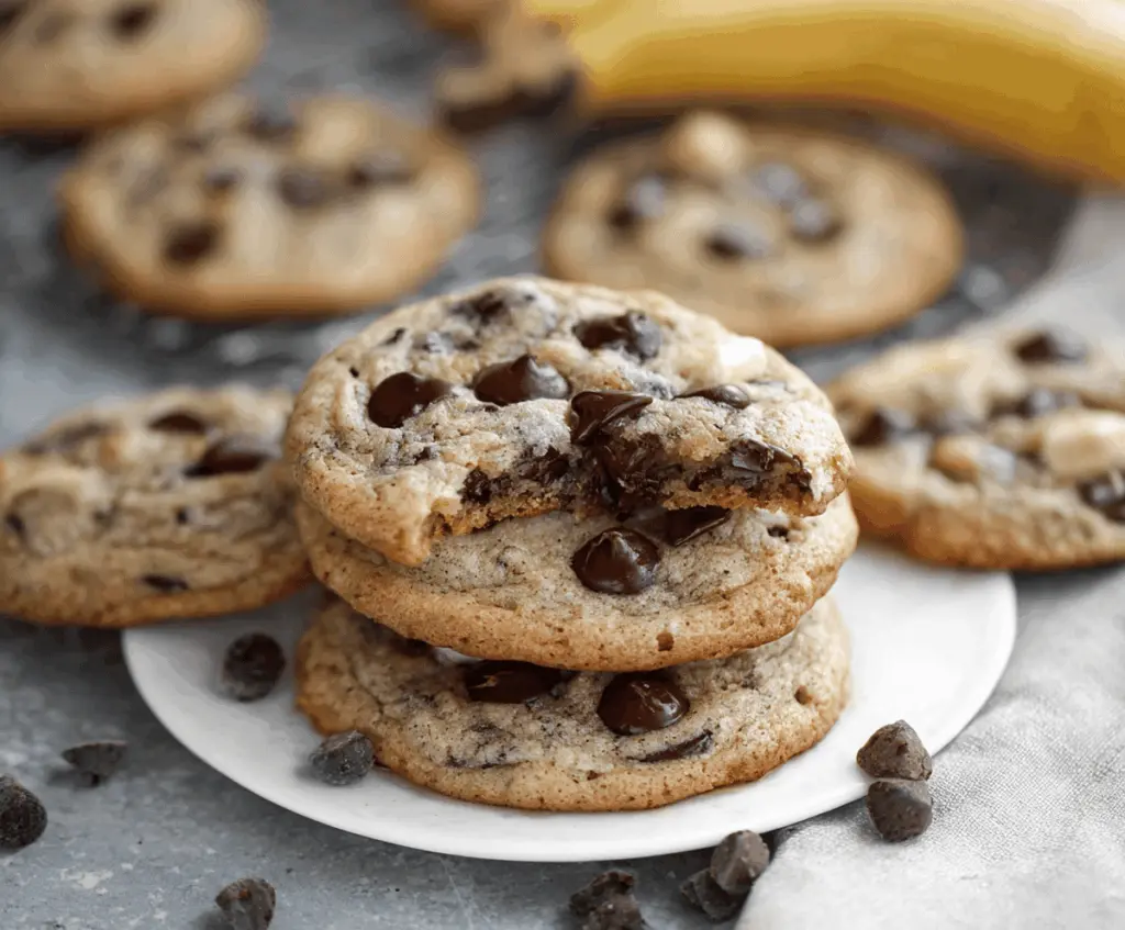 Delicious soft and chewy banana chocolate chip cookies fresh out of the oven with melted chocolate chips and ripe banana slices