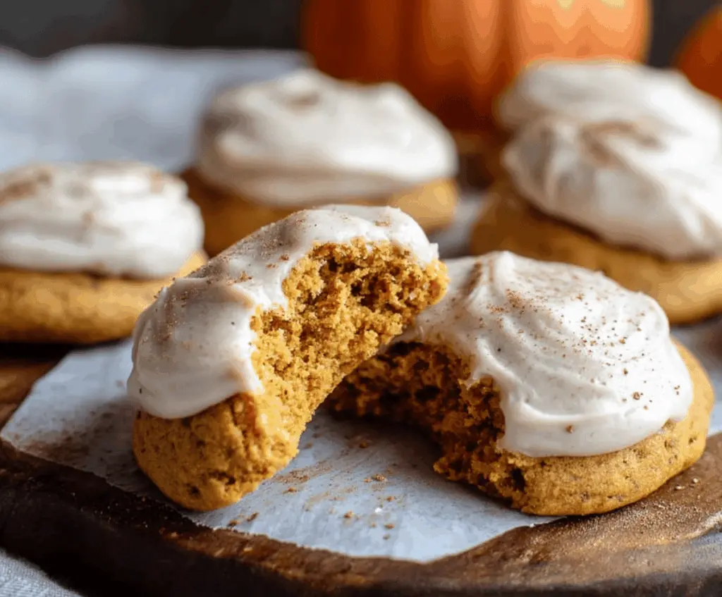 Soft pumpkin cookies topped with creamy cinnamon frosting on a rustic plate, perfect for fall dessert
