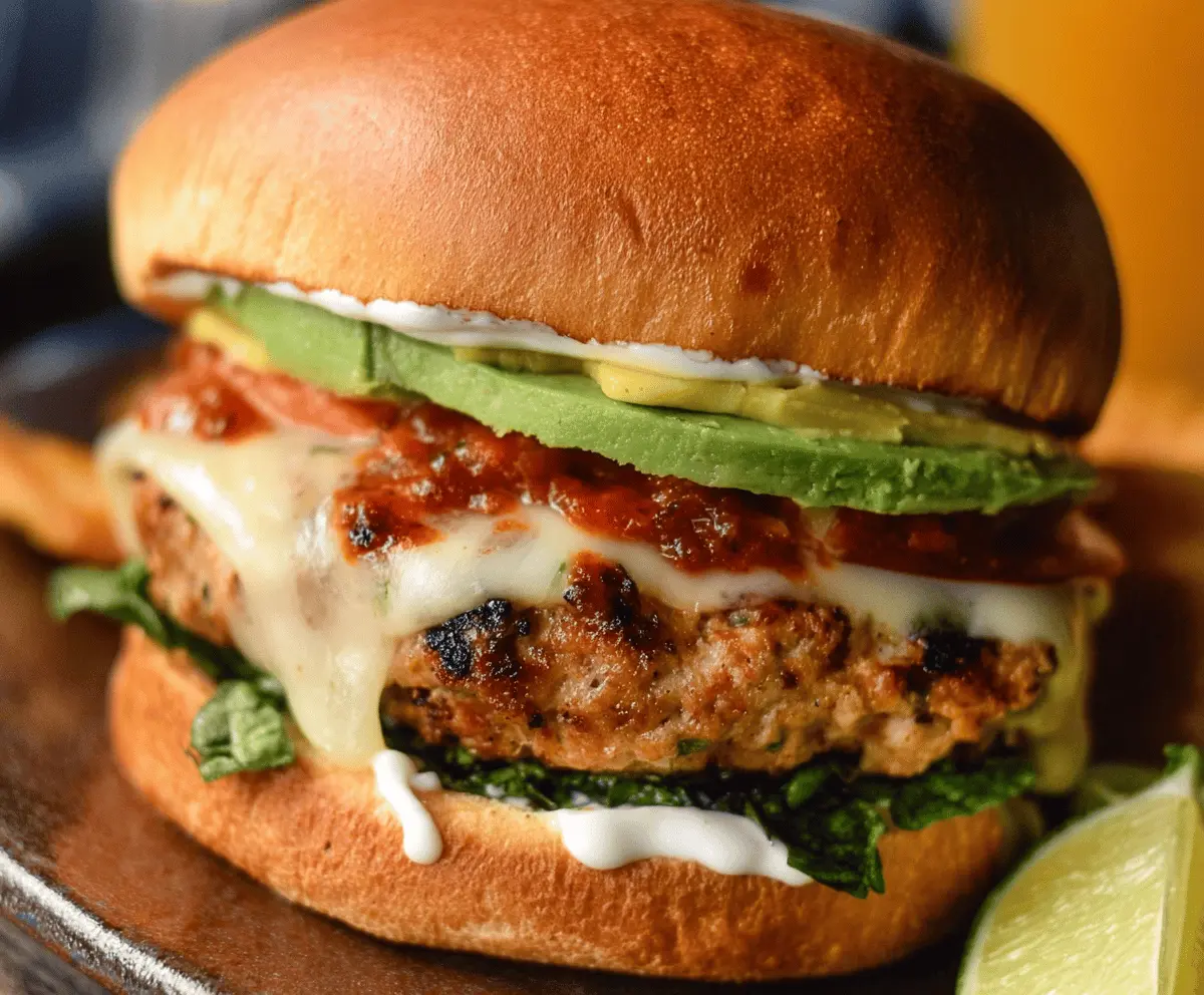 Juicy Spicy Southwest Turkey Burgers topped with fresh lettuce, sliced tomatoes, and melted cheese served on a toasted bun, perfect for a flavorful summer meal.