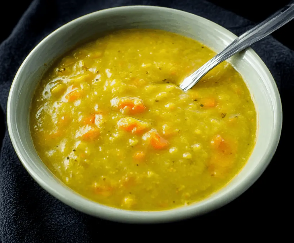 Creamy green split pea soup garnished with fresh herbs in a rustic bowl, perfect for a comforting meal