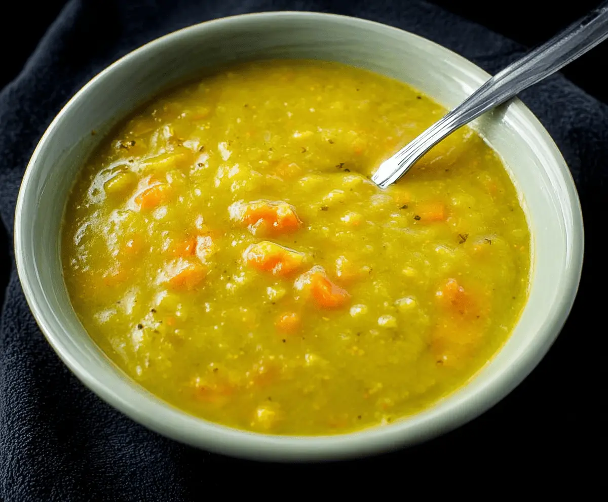 Creamy green split pea soup garnished with fresh herbs in a rustic bowl, perfect for a comforting meal