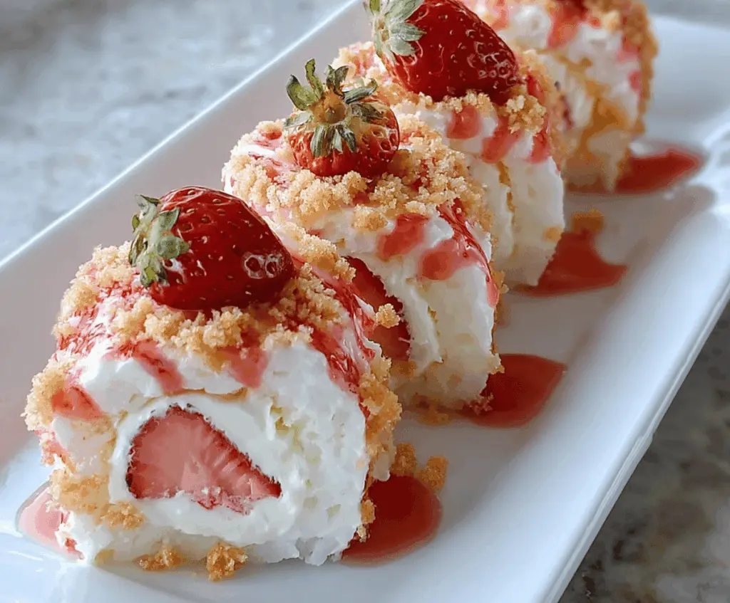 Delicious strawberry shortcake sushi rolls with fresh strawberries, whipped cream, and sponge cake wrapped in rice and seaweed, perfect for a sweet dessert treat.