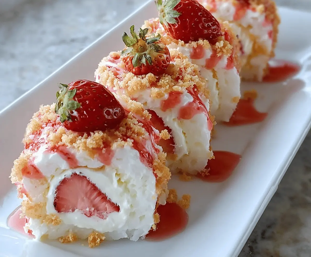 Delicious strawberry shortcake sushi rolls with fresh strawberries, whipped cream, and sponge cake wrapped in rice and seaweed, perfect for a sweet dessert treat.