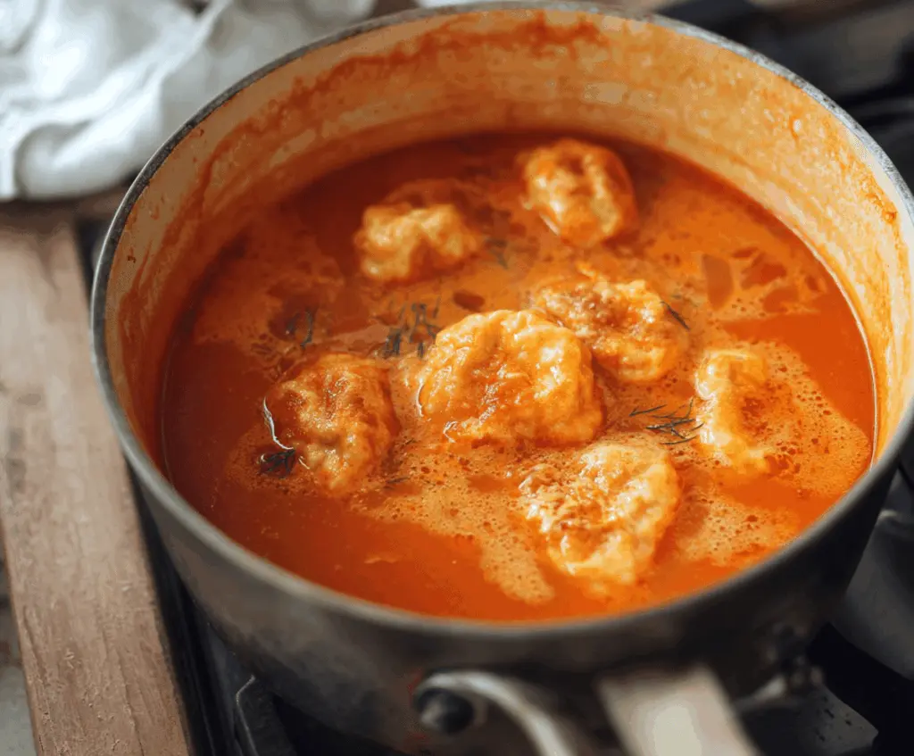 Creamy tomato soup topped with melted cheese dumplings served in a bowl, garnished with fresh herbs.