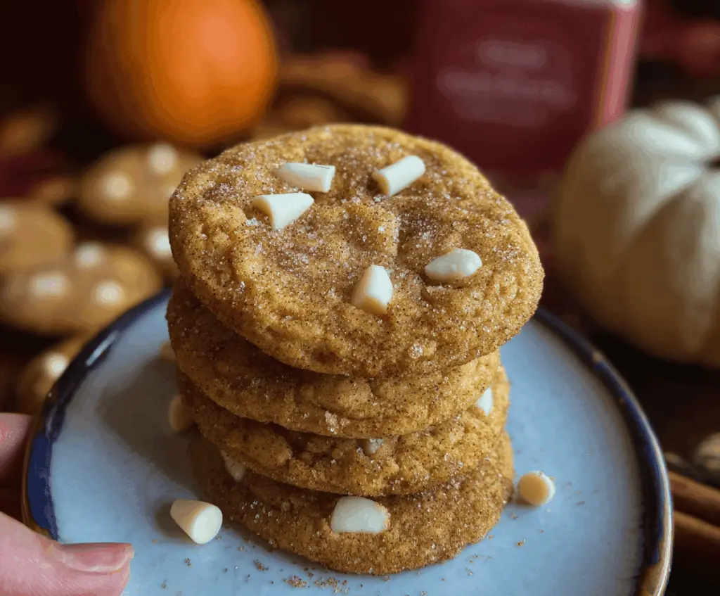 Delicious White Chocolate Pumpkin Snickerdoodles on a plate, showcasing soft cookies with white chocolate chips and cinnamon sugar coating, perfect for fall desserts.