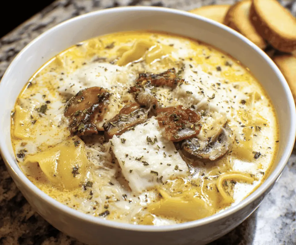 Creamy White Lasagna Soup with layers of ricotta, mozzarella, and herbs served in a bowl, topped with fresh basil leaves