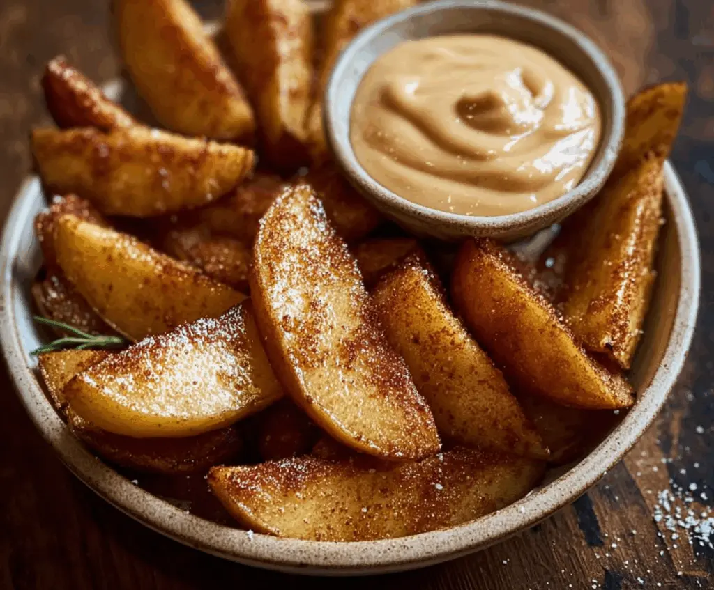 Delicious air fried apple wedges topped with caramel whipped cream and served with a dipping sauce.