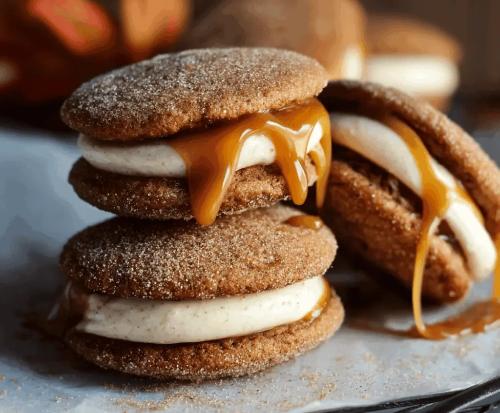 Delicious apple cider whoopie pie cookies with caramel filling on a rustic platter.
