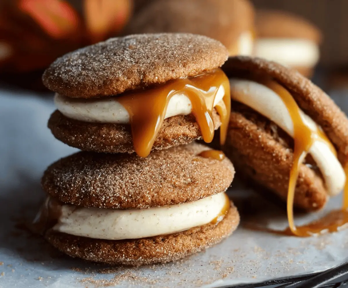 Delicious apple cider whoopie pie cookies with caramel filling on a rustic platter.