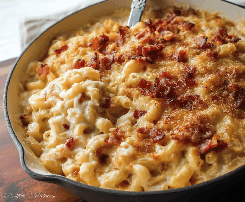 Creamy bacon mac and cheese in a bowl, topped with crispy bacon bits and melted cheese.