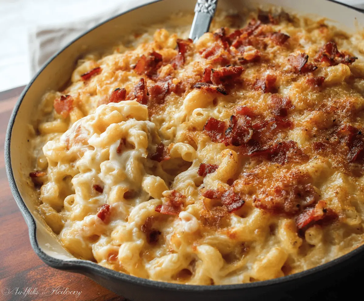 Creamy bacon mac and cheese in a bowl, topped with crispy bacon bits and melted cheese.