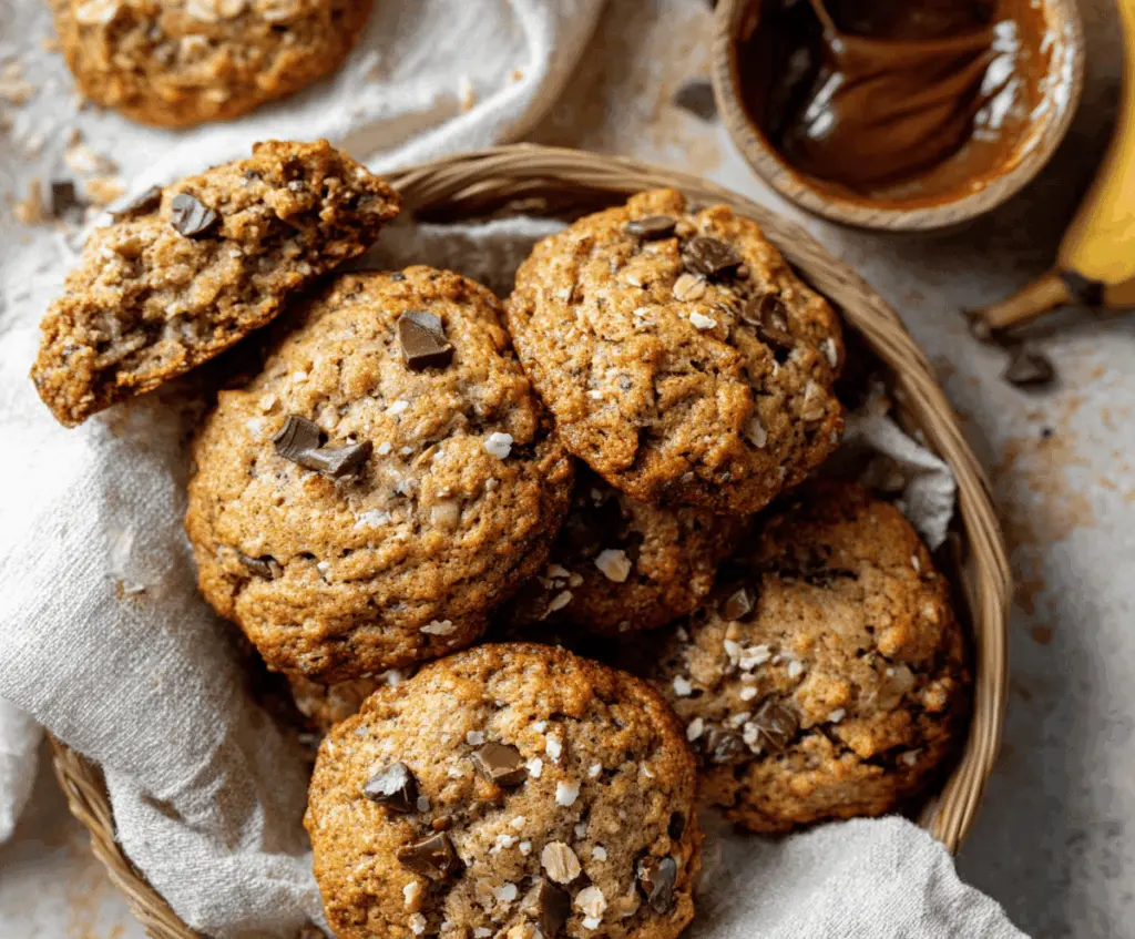 Delicious homemade banana bread cookies with ripe bananas and chocolate chips.