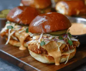 Delicious Bang Bang Chicken Sliders with crispy chicken and spicy sauce on soft buns.