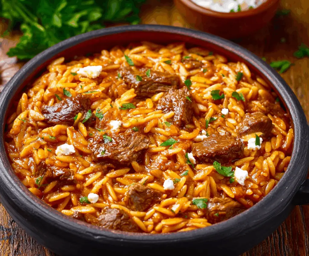 Delicious Beef Giouvetsi with tender beef chunks and Mediterranean orzo pasta in a savory tomato sauce.