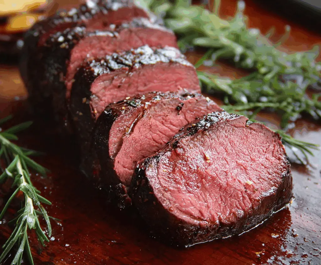 Juicy and perfectly cooked Beef Tenderloin sliced on a serving platter for a gourmet meal.