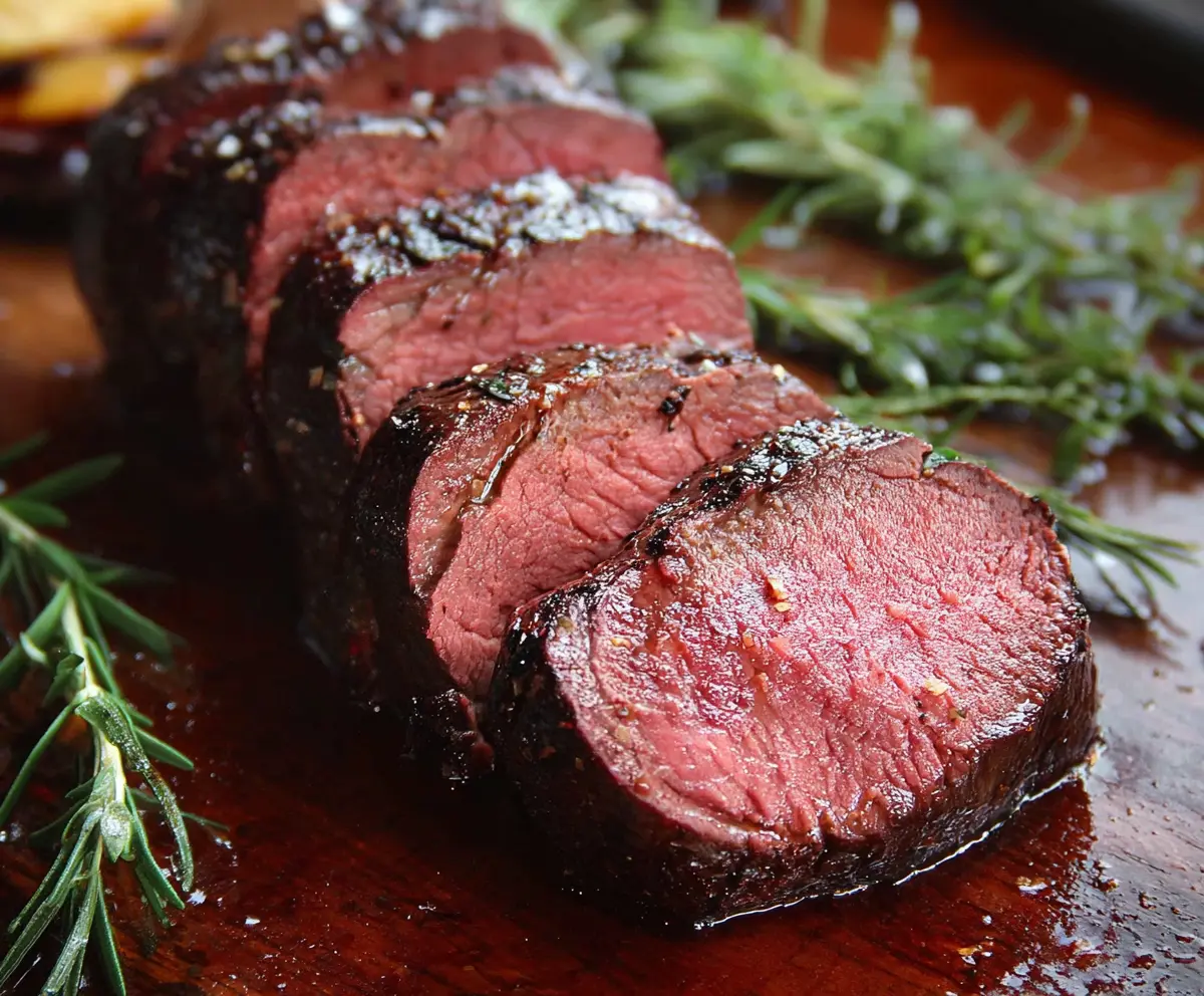 Juicy and perfectly cooked Beef Tenderloin sliced on a serving platter for a gourmet meal.